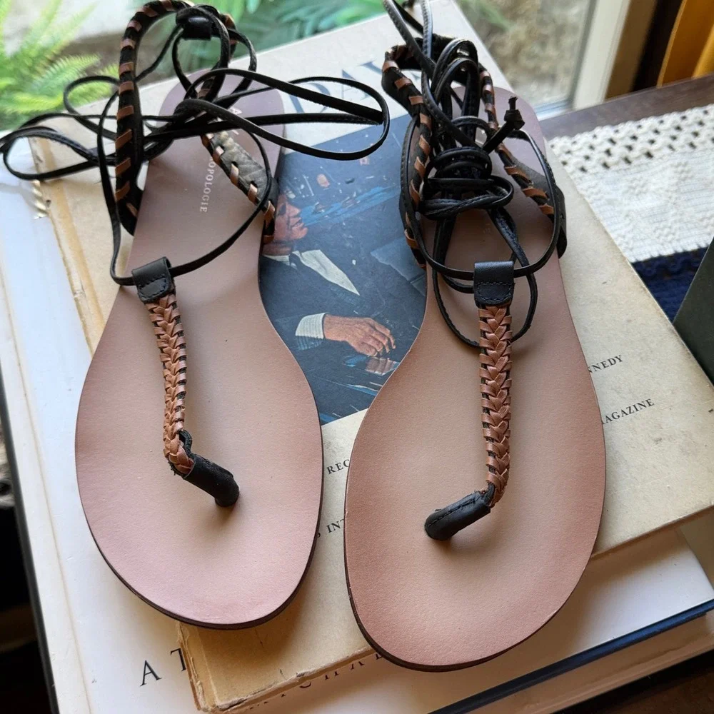 Anthropologie Braided Leather Lace Up Gladiator Sandals Black Tan Women 40